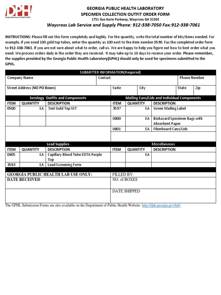 Waycross Public Health Lab Order Form | PDF