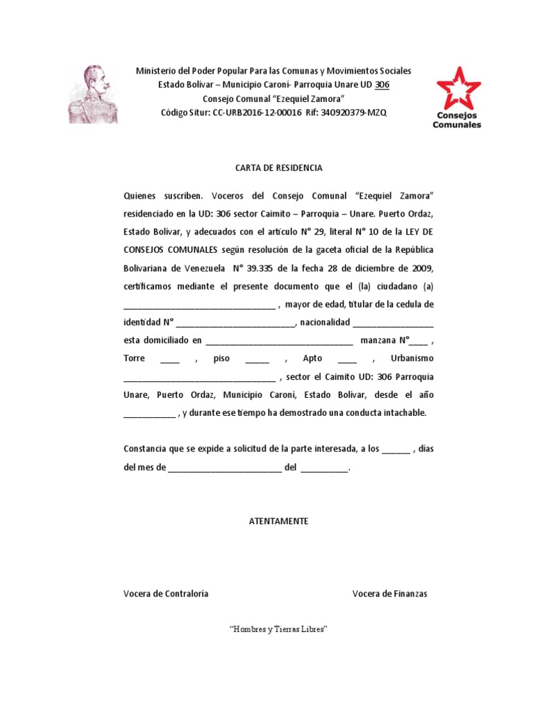 Carta de Residencia Modelo | PDF