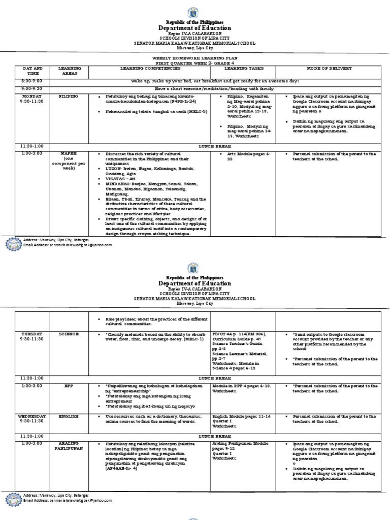 Grade 4 Weekly Homework Plan | PDF | Behavior Modification | Cognition