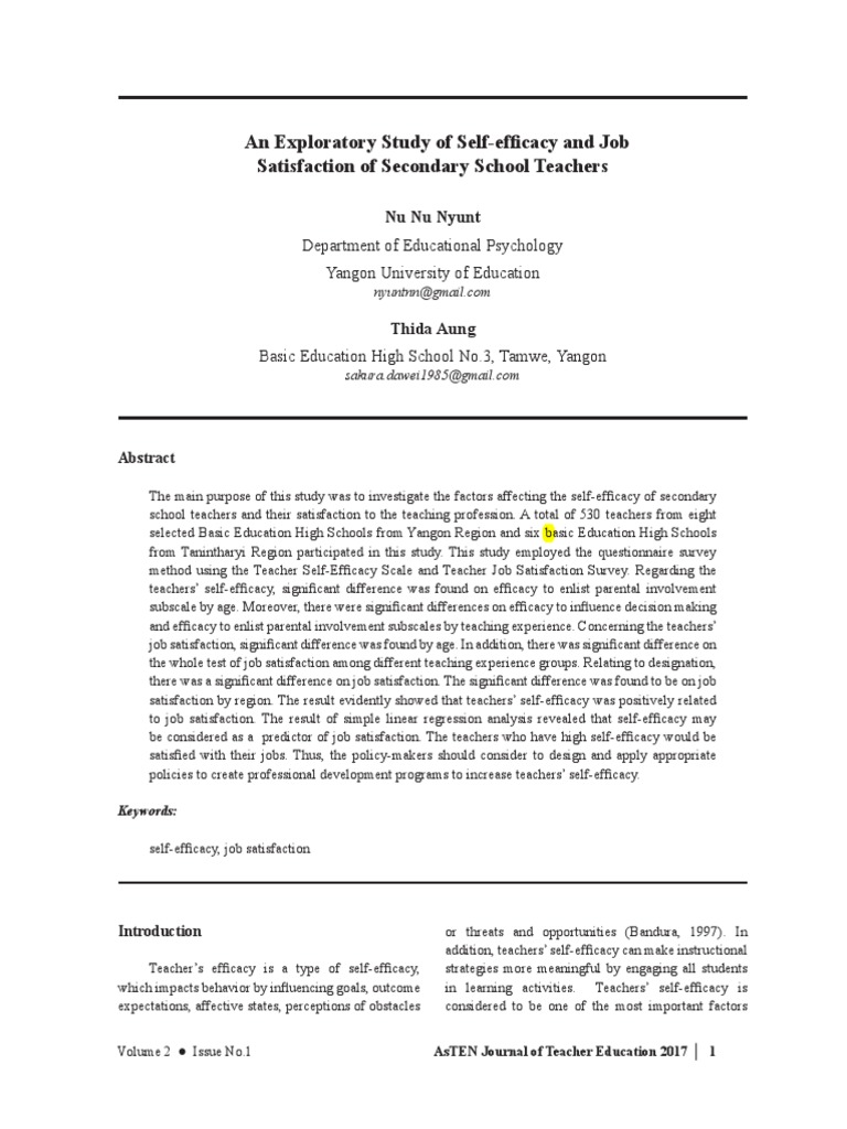 Self-Efficacy and Job Satisfaction in Teachers | PDF | Self Efficacy ...