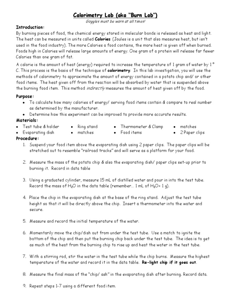Calorimetry Lab (Aka "Burn Lab") Indirectly Download Free PDF