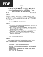 Decree of The President of The Islamic Republic of Afghanistan! About Amendment, Addition and Deletion of Some Provisions From The Insurance Law