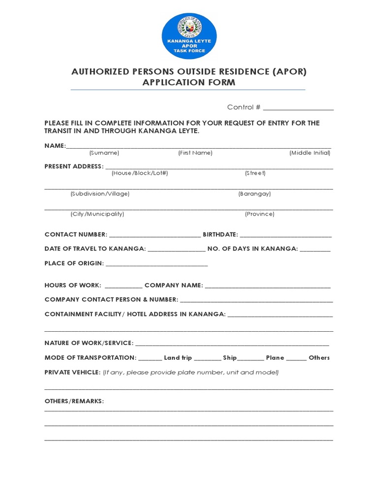 APOR Application Form for Kananga Entry | PDF