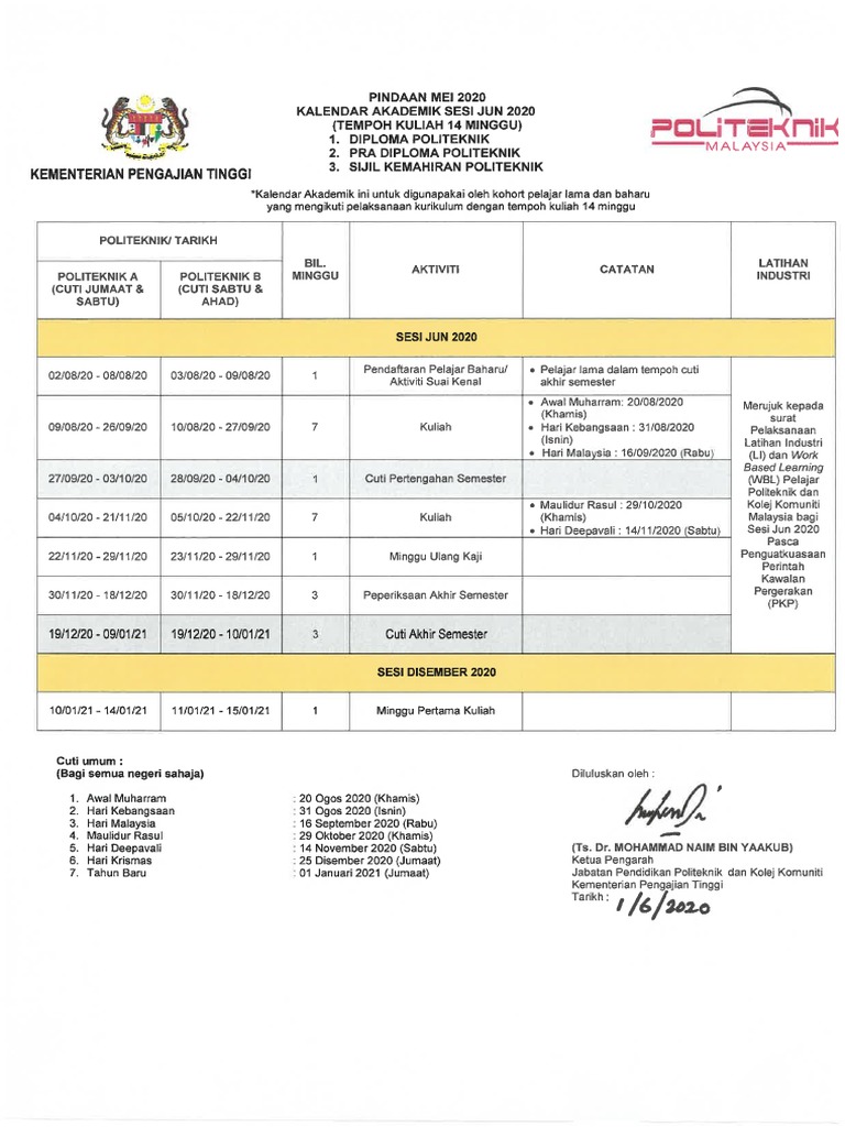 Kalendar Akademik Sesi Jun 2020 Tempoh 14 Minggu Diploma Politeknik Pra Diploma Politeknik Sijil Kemahiran Politeknik Pindaan Mei 2020 Pdf Pdf