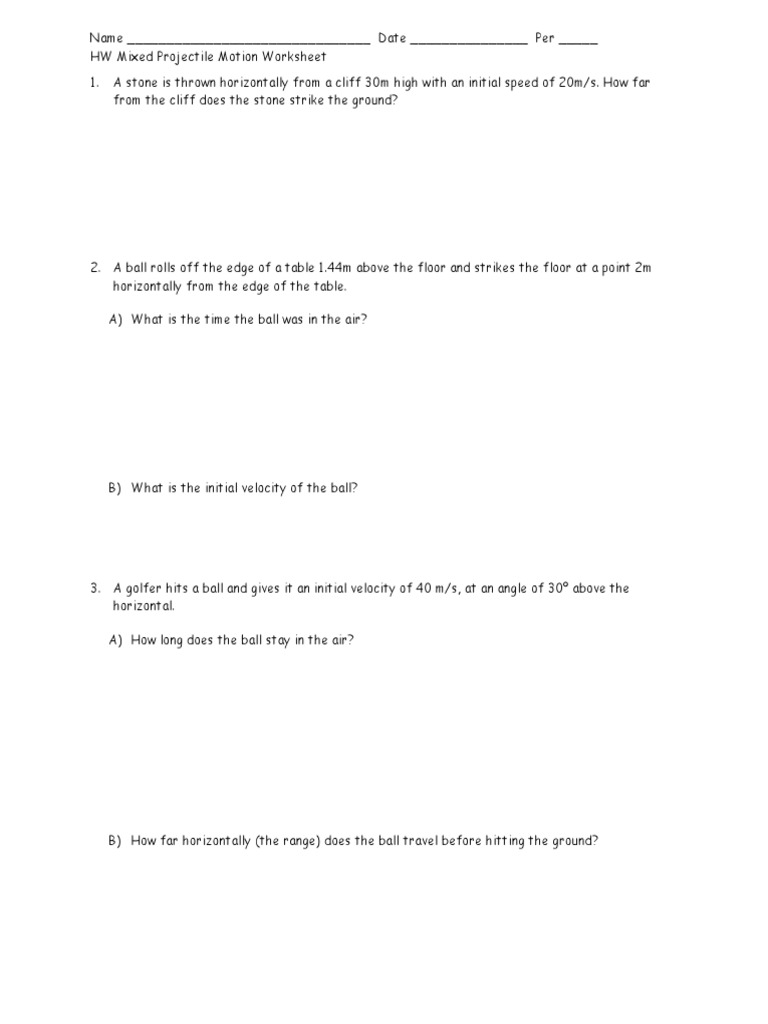 HW 18 Mixed Projectile Motion Worksheet | PDF
