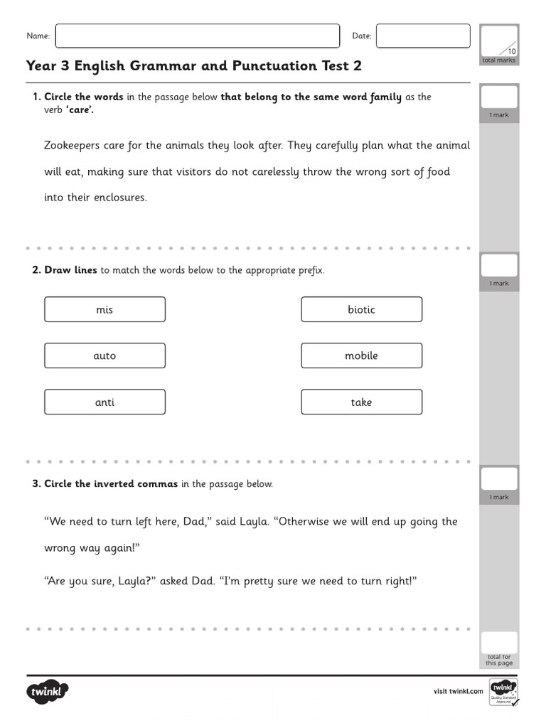 Year 3 Grammar and Punctuation Test 2 | PDF | English Grammar | Punctuation