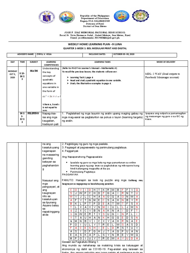 WEEKLY HOME LEARNING PLAN For WEEK 1 | PDF
