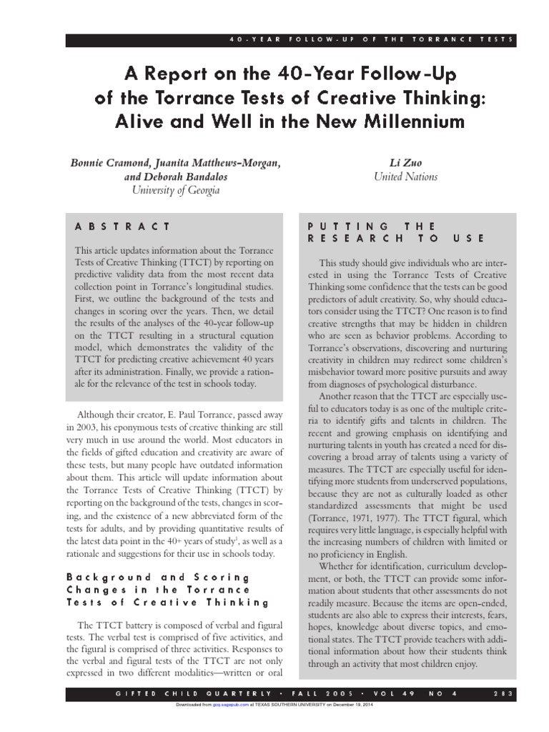 Torrance Tests of Creative Thinking Still Valid After 40 Years | PDF ...