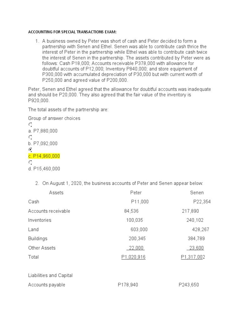Accounting For Special Transactions Exam | PDF | Partnership | Liquidation