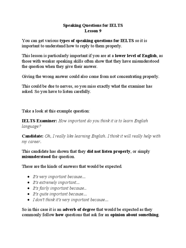 IELTS Speaking Questions Guide | PDF | Question | International English ...
