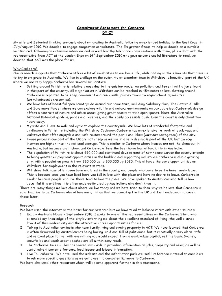 Commitment Statement for Canberra Move | PDF | Social Science | Travel