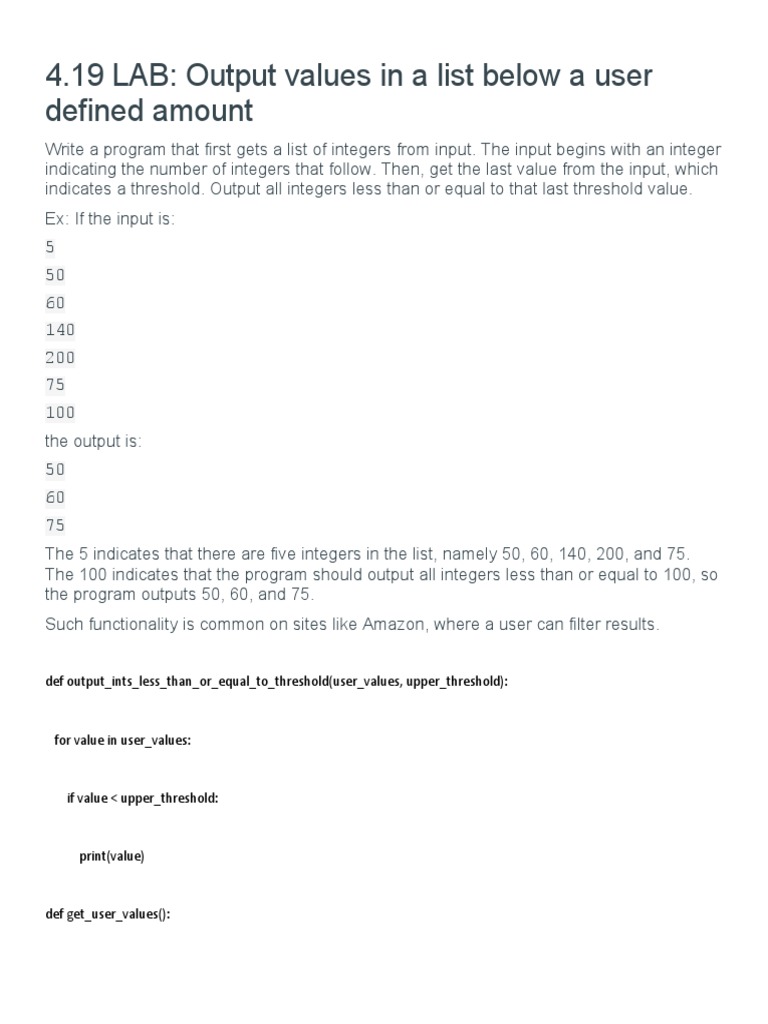 4.19 LAB Output Values in A List Below A User Defined Amount | PDF