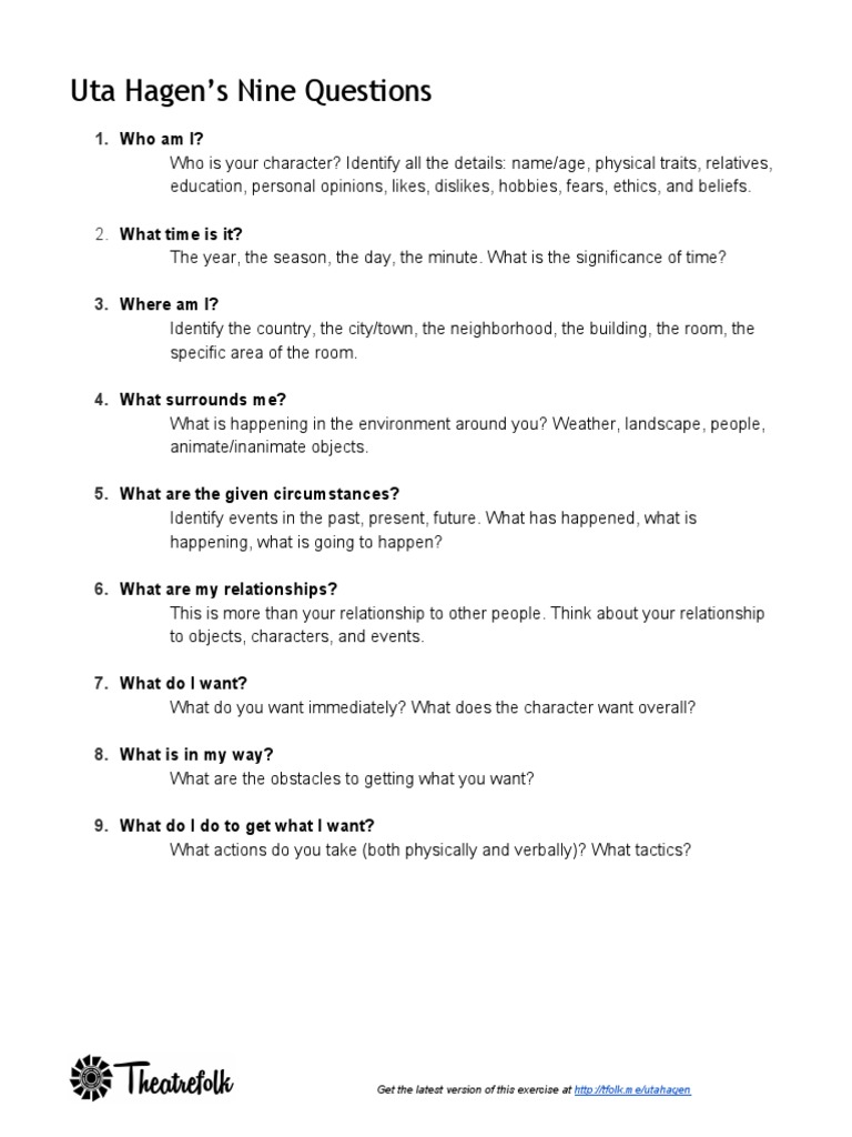 Uta Hagen's Nine Questions Guide | PDF | Psychological Concepts ...