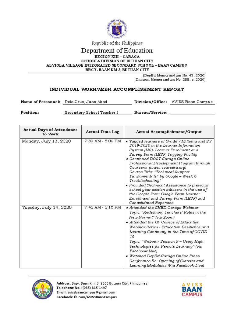 Department of Education: Individual Workweek Accomplishment Report ...