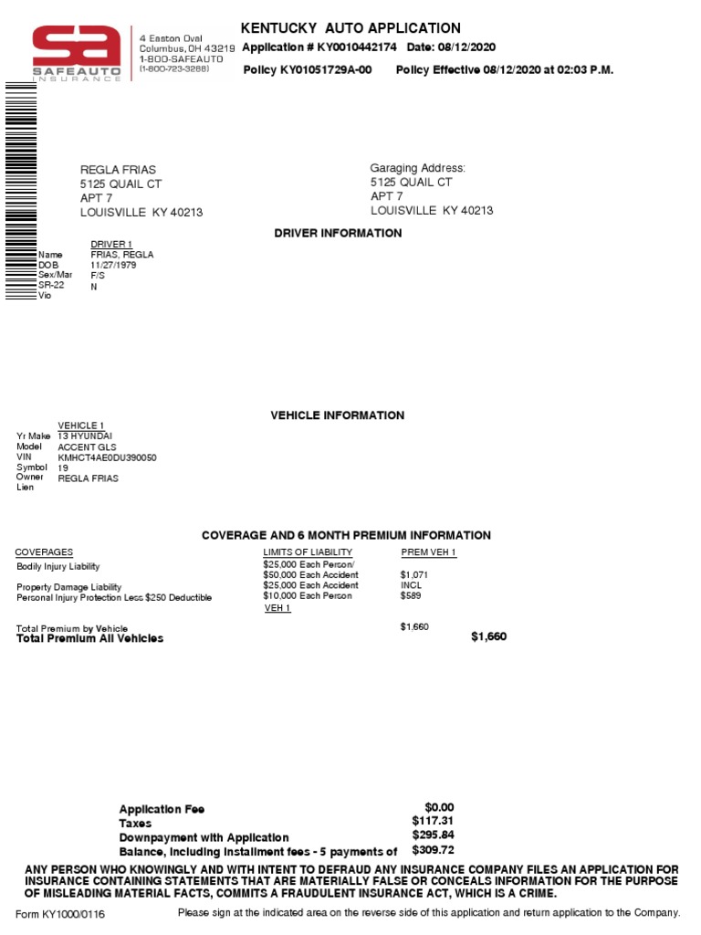 Kentucky Auto Insurance Application Form | PDF | Vehicle Insurance ...