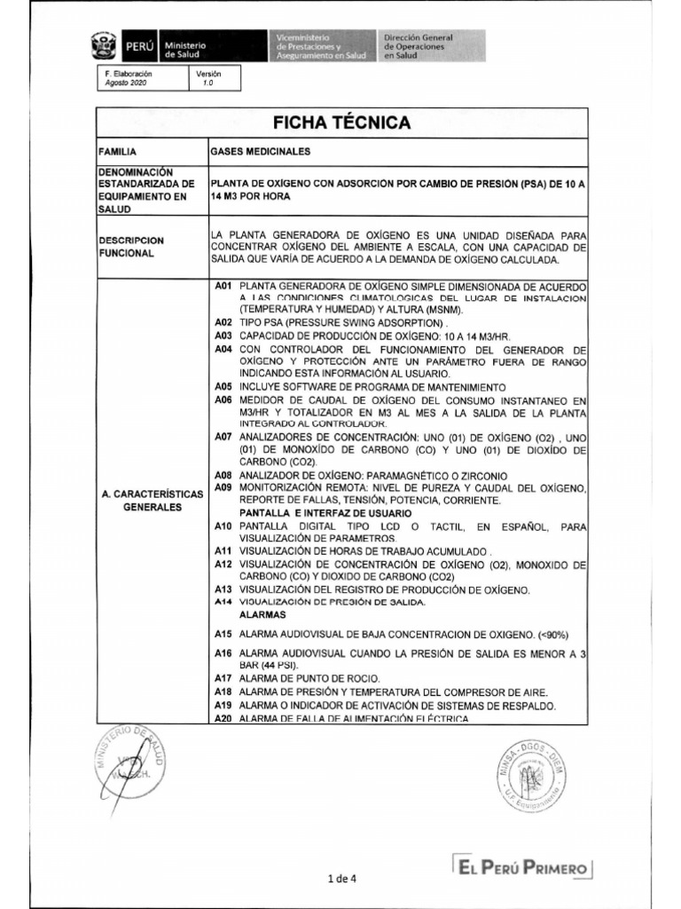 Ficha Tecnica - Planta de Oxígeno Con Adsorción Por Cambio de Presión