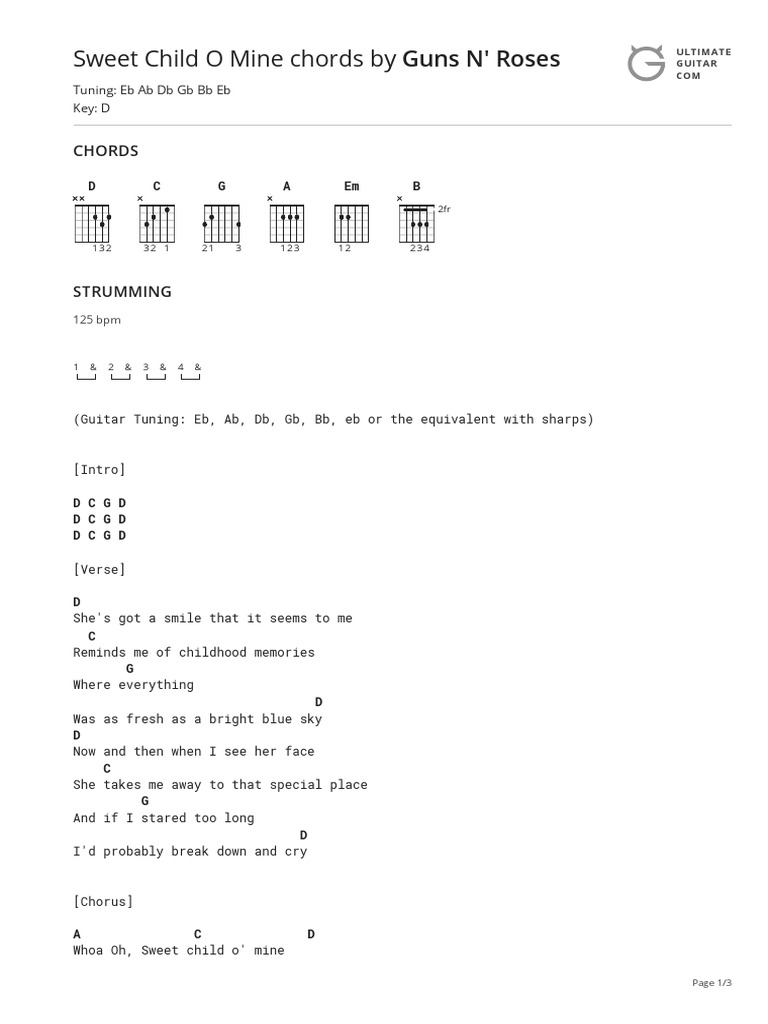 Sweet Child O Mine Chords By Guns N Roses Pdf Song Structure Songs