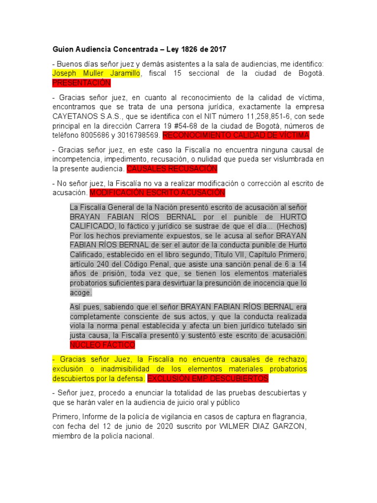 Guion Audiencia Concentrada Fiscalía | PDF | Justicia | Crimen y violencia