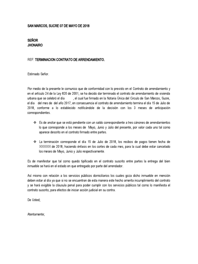 Carta Preaviso Terminacion De Contrato De Arrendamiento Pdf