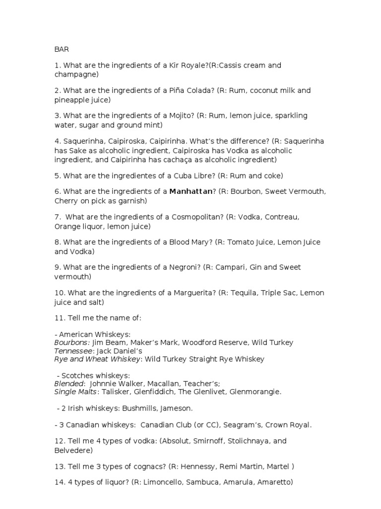 Cocktail Ingredients & Dining Etiquette | PDF | Knife | Alcoholic Drinks