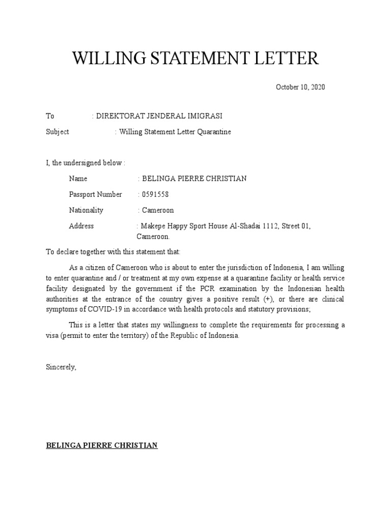 Willingness Statement for Visa Processing | PDF | Government And ...