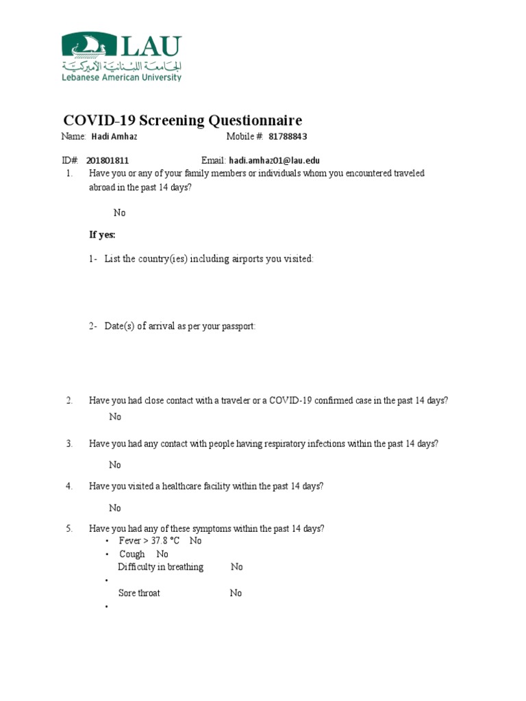 COVID-19 Health Screening Form | PDF