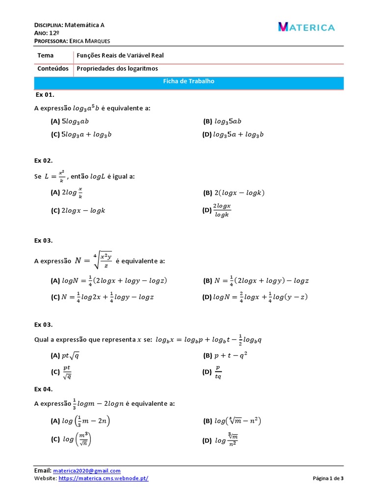 Ficha 2 - Propriedades Dos Logaritmos PDF | PDF | Ensino de Matemática ...