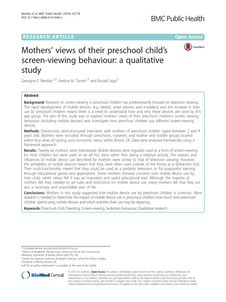 Mothers' Views of Their Preschool Child's Screen-Viewing Behaviour ...