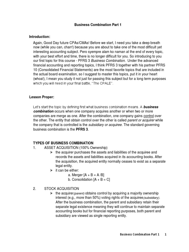 Business Combination Part 1 PDF Subsidiary Mergers And Acquisitions