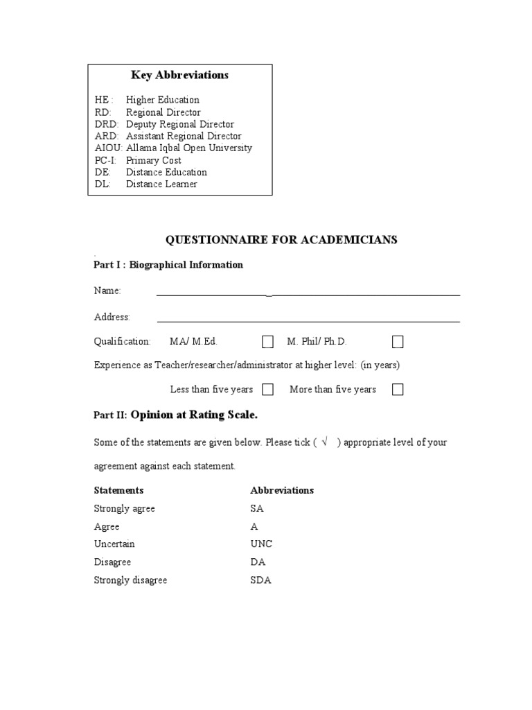 Academician Questionnaire for Higher Education | PDF | Distance ...