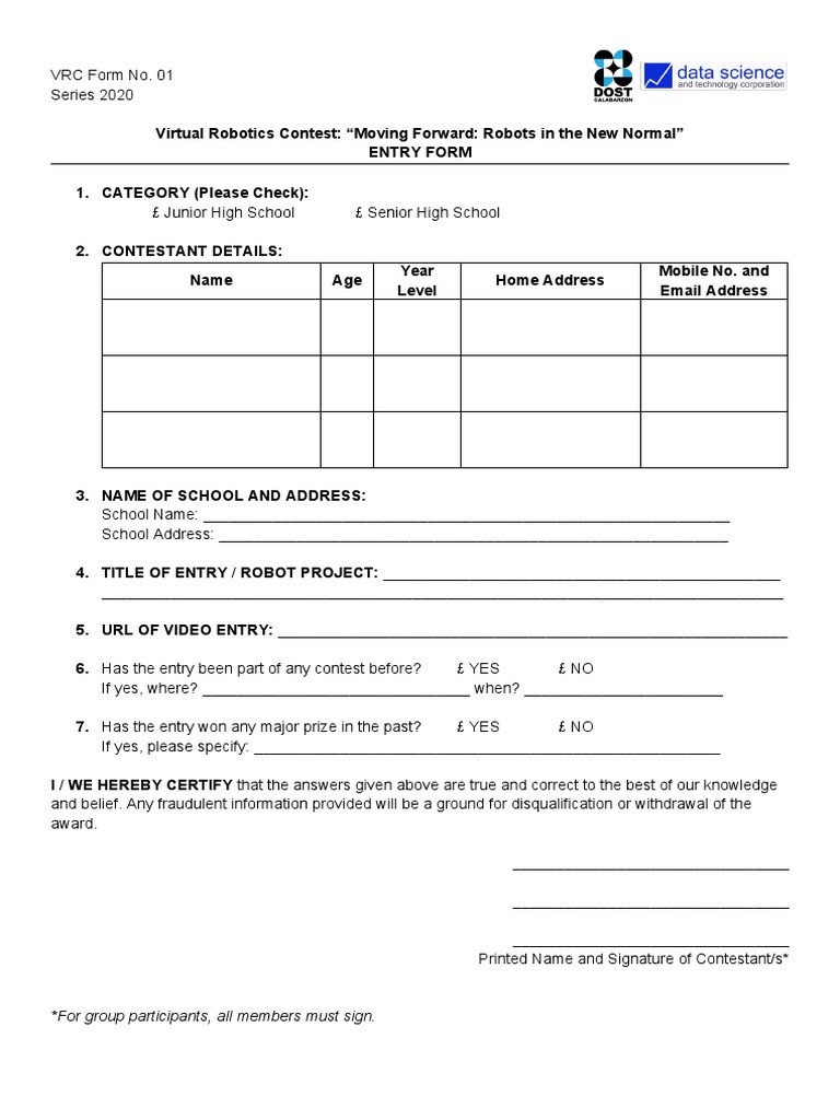Virtual Robotics Contest Entry Form | PDF | Robot | Robotics