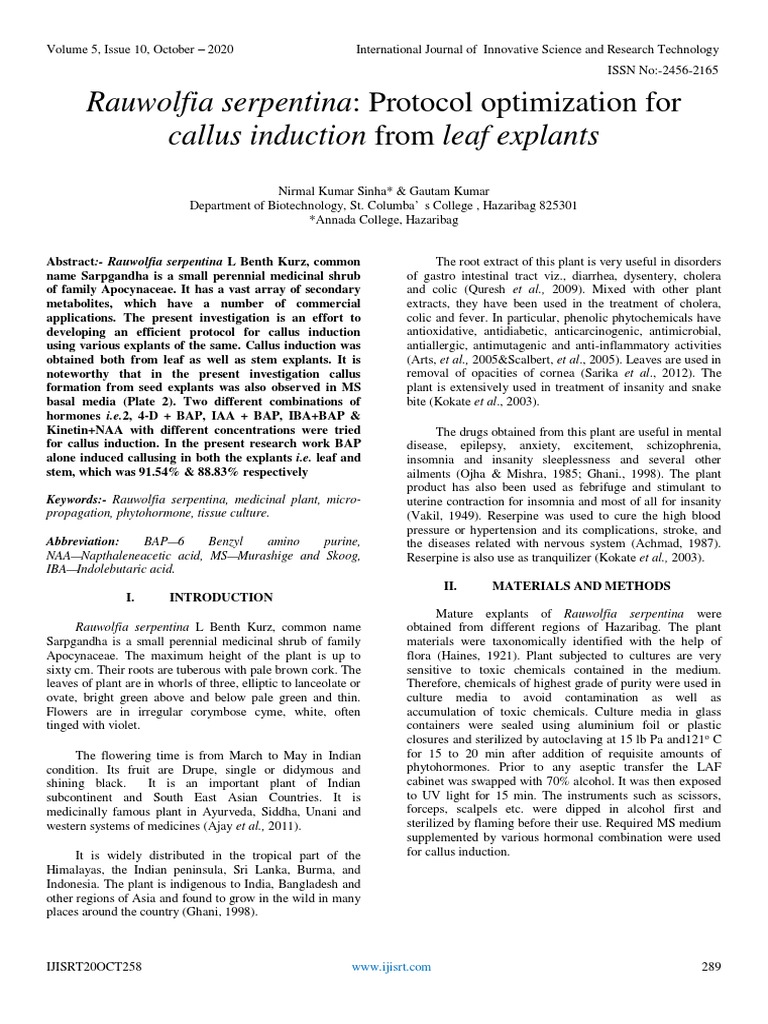 Callus Induction in Rauwolfia serpentina | PDF | Plant Hormone | Organisms