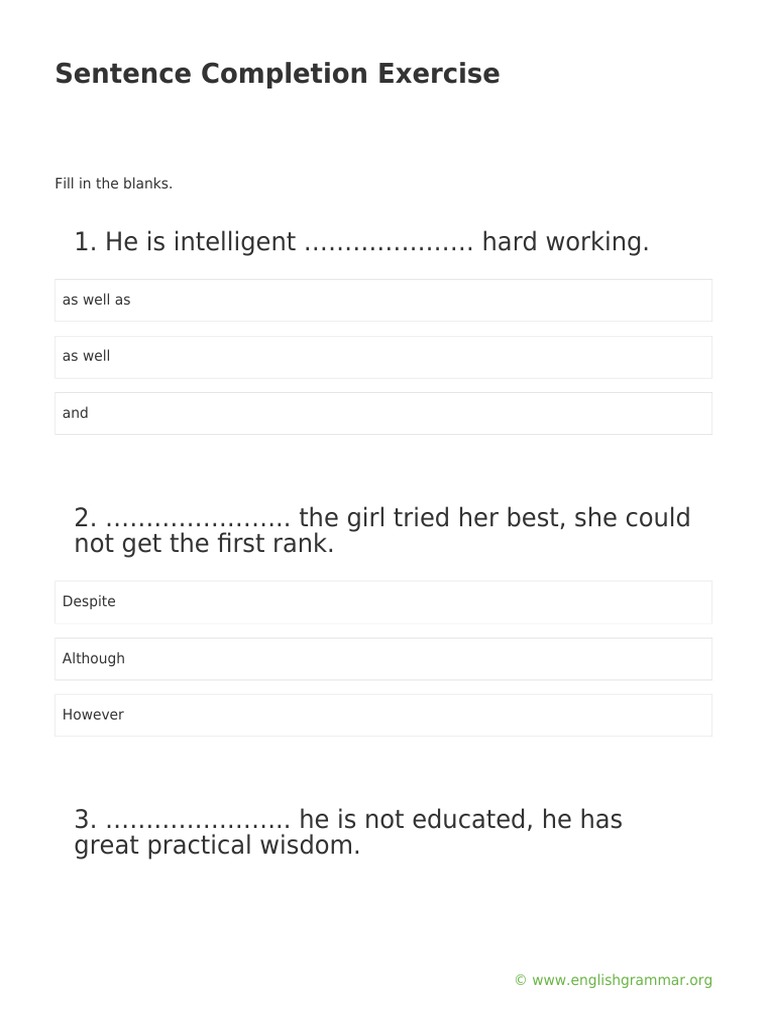 Sentence Completion Exercise Pdf