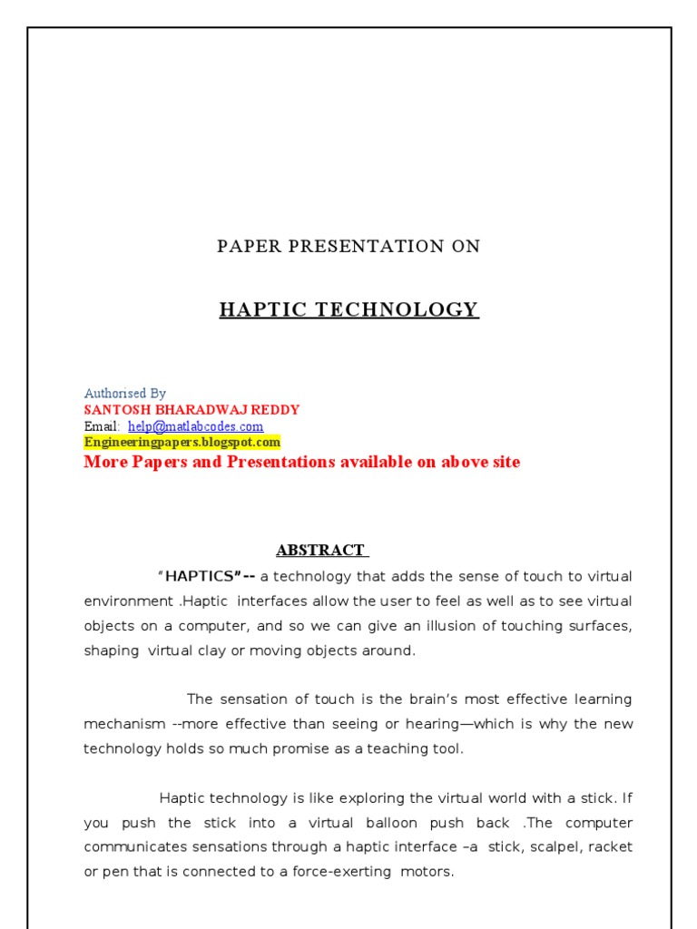 Haptic Technology: Paper Presentation On | PDF | Virtual Reality ...