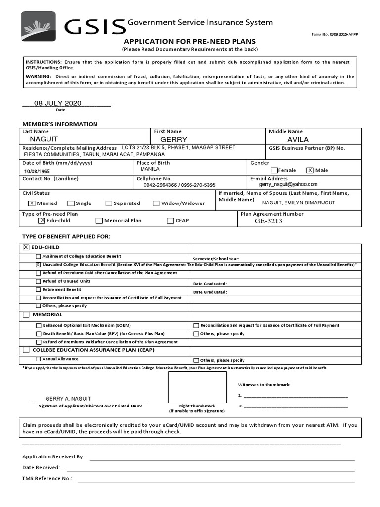 Application FOR PreNeed Plans 08 JULY 2020 PDF Legal Guardian