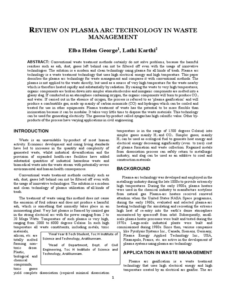 Plasma Arc Technology in Waste Management | PDF | Gasification ...