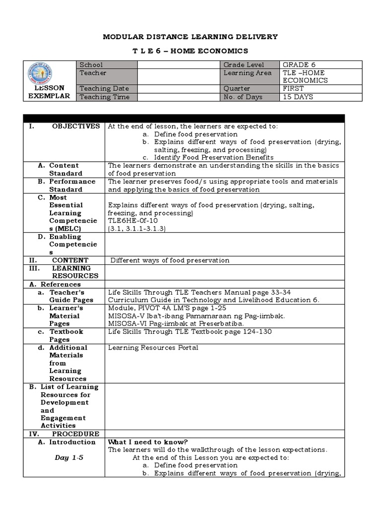 Tle He 6 Lesson Exemplar Food Preservation Pdf Food Preservation