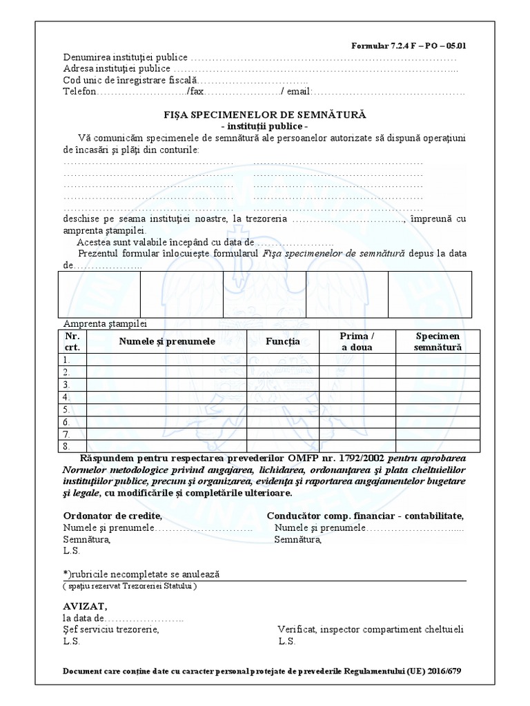 Fisa Specimenelor De Semnatura Institutii Publice