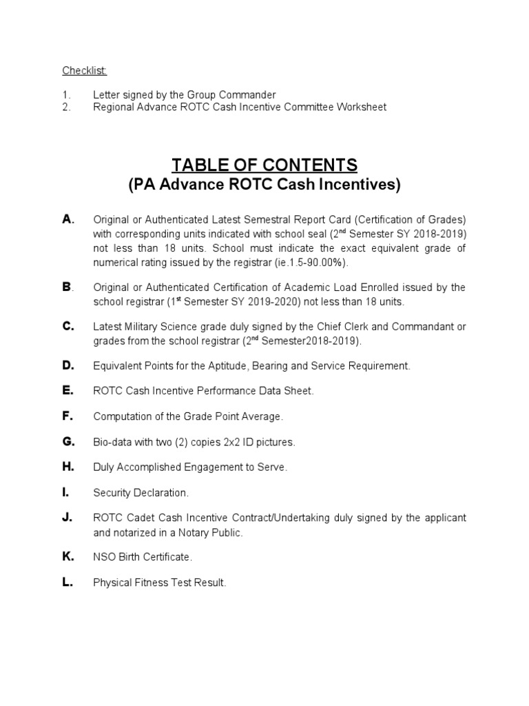 Advance ROTC Cash Incentive Checklist | PDF | Finance & Money Management