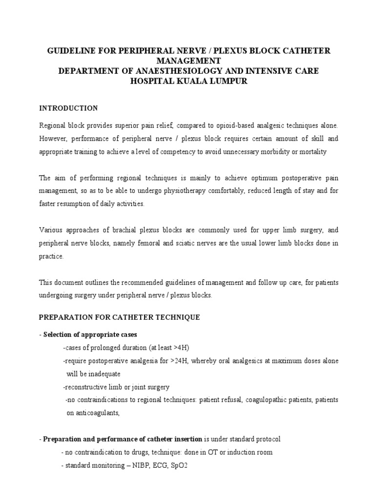 Guideline for Peripheral Nerve Block Catheter Management