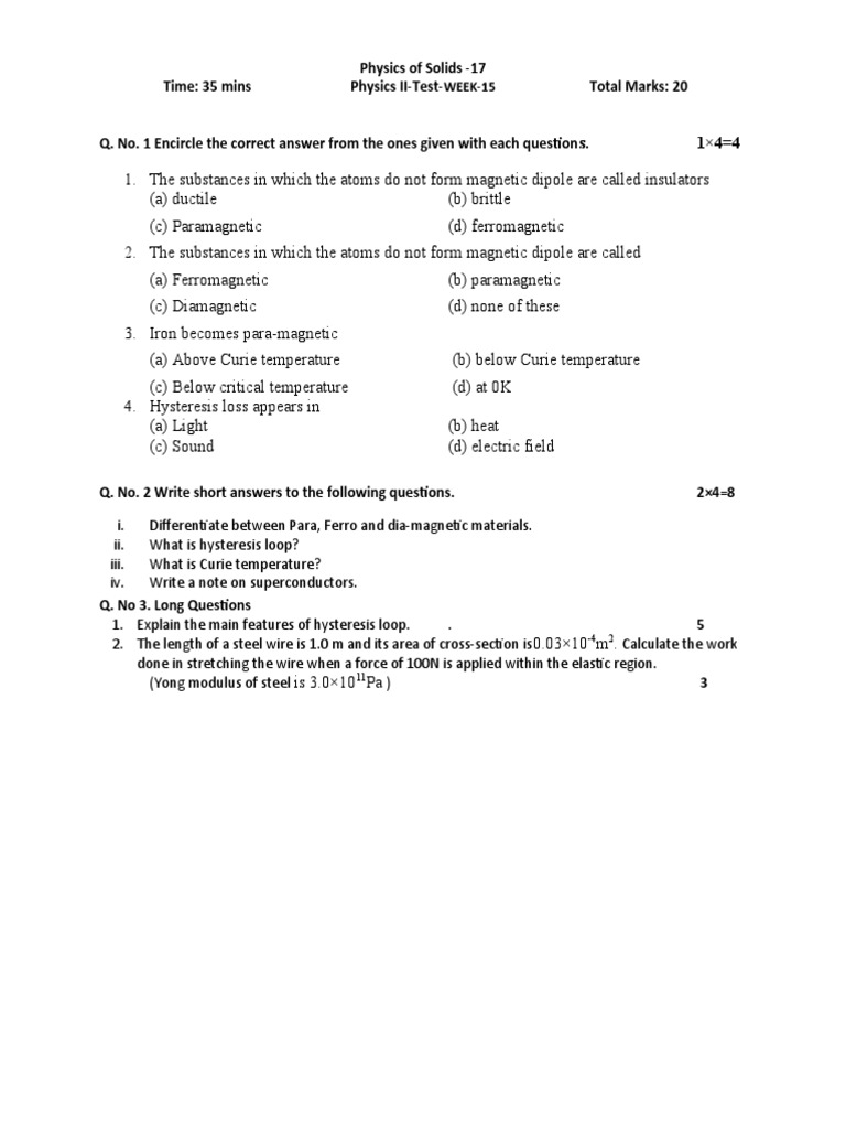 Physics of Solids - 17 Time: 35 Mins Physics II-Test-Total Marks: 20 ...