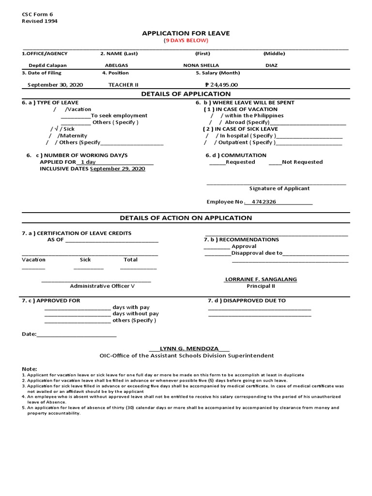 Application For Leave: 9 Days Below) | PDF | Sick Leave | Employment