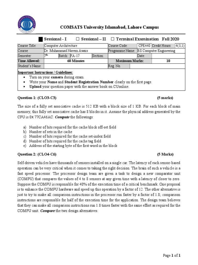 Computer Architecture Exam Paper Fall 2020 | PDF | Cpu Cache | Central ...