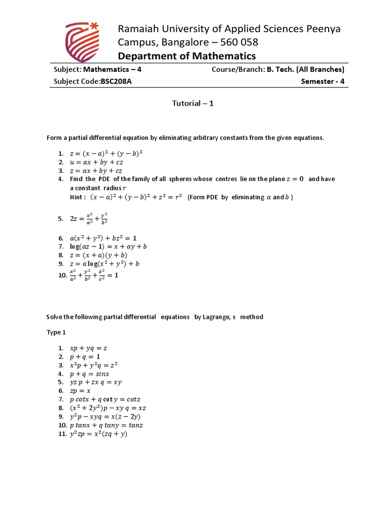Bsc8a Tutorial 1 Theory Partial Differential Equation Equations