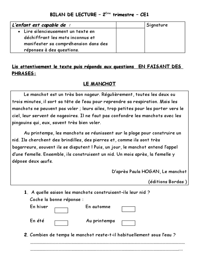 évaluation Français Ce2 3ème Trimestre Pdf Bilan de Lecture - 2 Trimestre - CE1 L'enfant Est Capable de | PDF