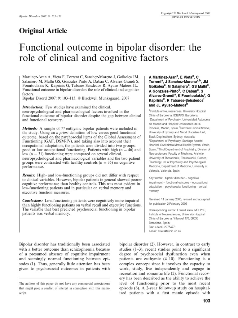 Functional Outcome in Bipolar Disorder The Role of Clinical and ...