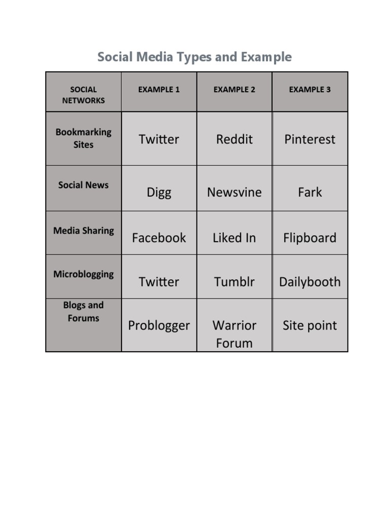 Social Media Types and Example PDF