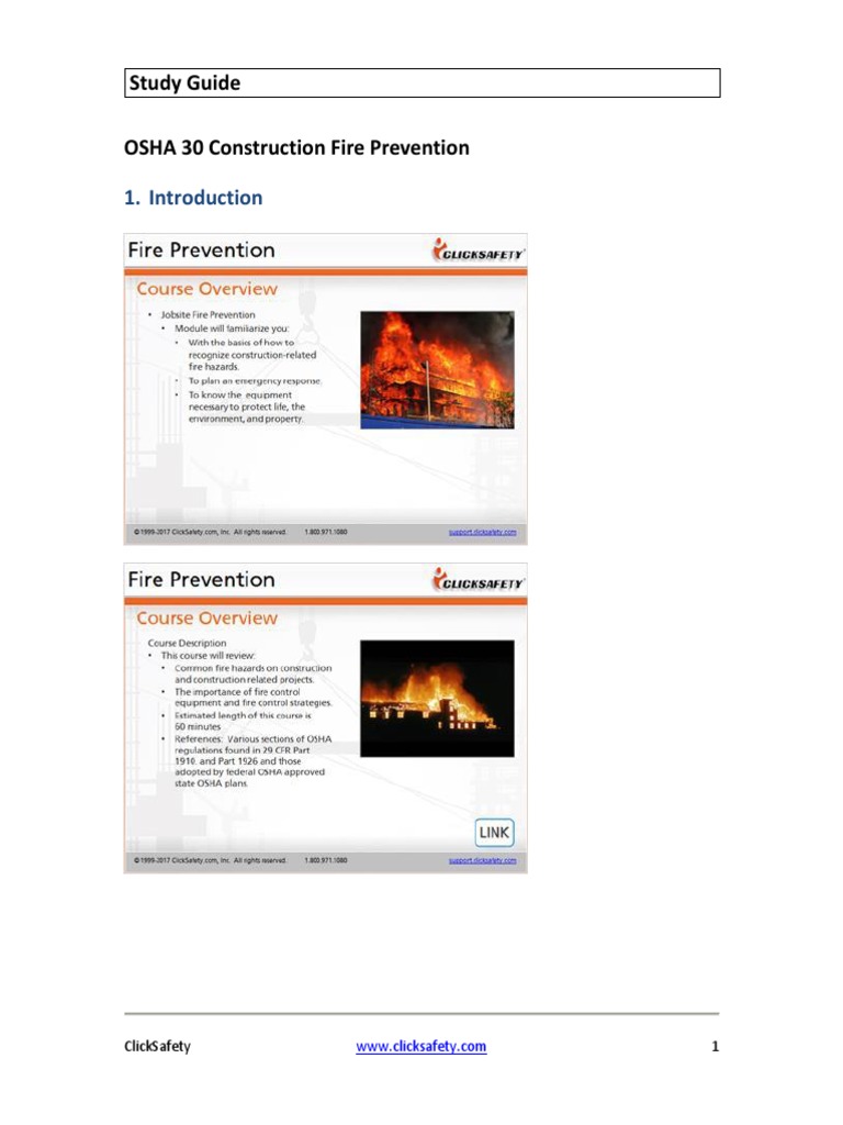 Study Guide Osha 30 Construction Fire Prevention: Clicksafety 1 ...