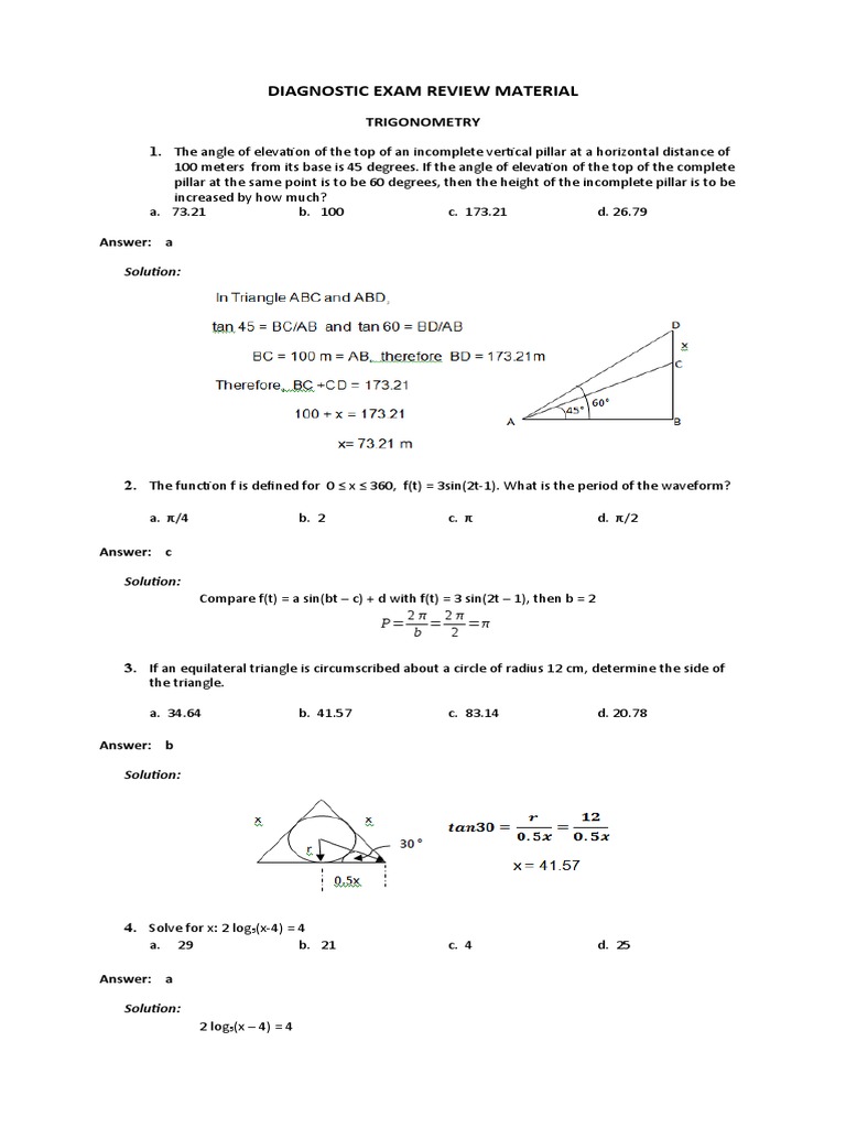 Diagnostic Exam Reviewer Trigonometry 1 | PDF | Sine | Trigonometric ...