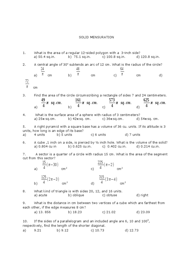 Solid Mensuration and Trigonometry Problems | PDF | Sine | Area
